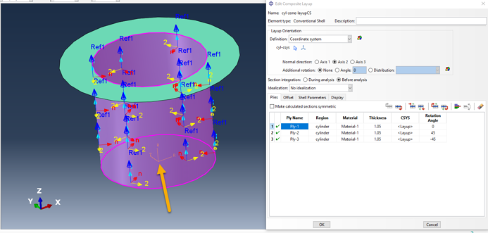 Abaqus/CAE cylindrical orientation lay-up settings